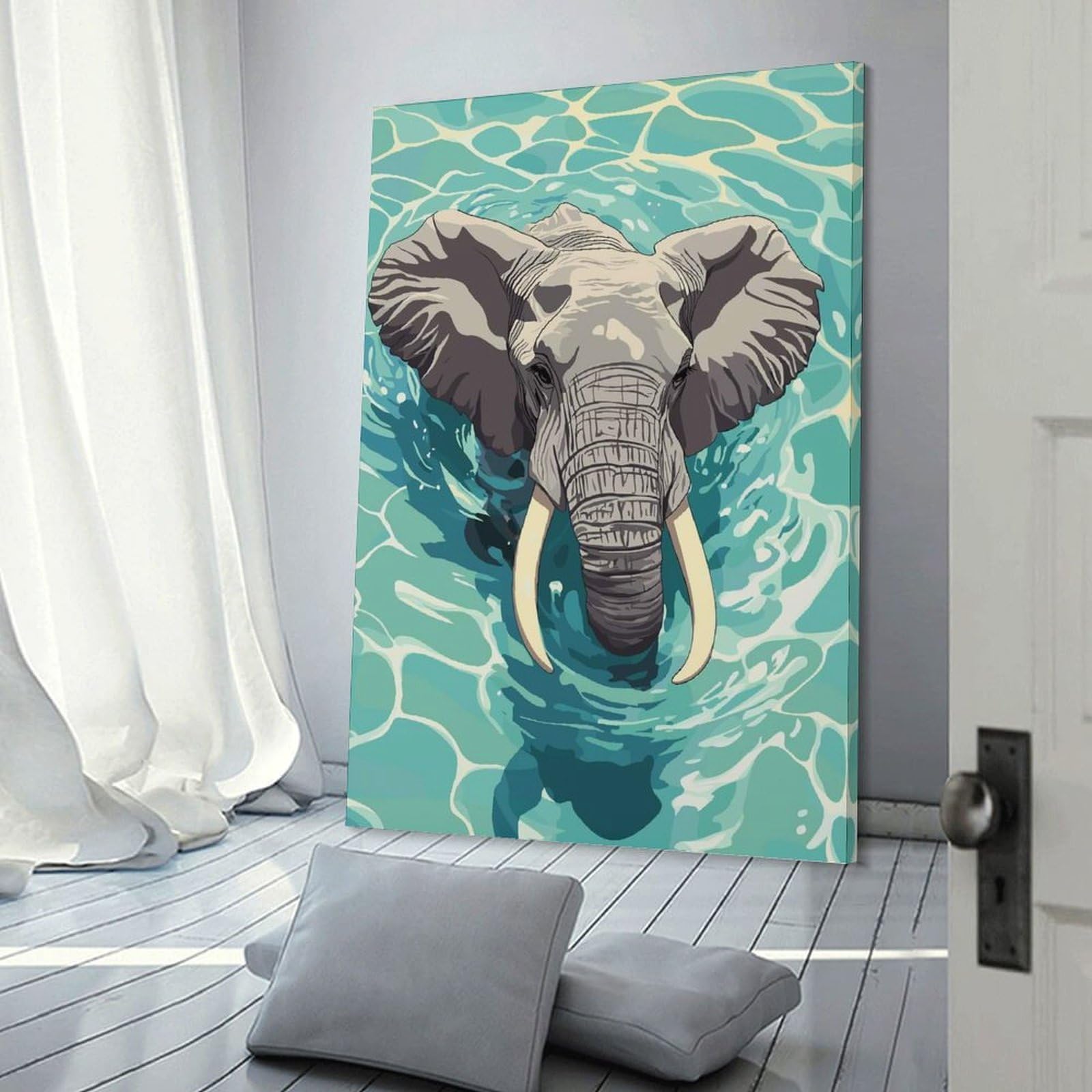 Junmoney Elephant Swimming in Blue Water Wall Art Print, 24x36inch(60x90cm), for Front Hall, Corridor Or Welcome Spaces, Wall Decor to Refresh Empty Corners