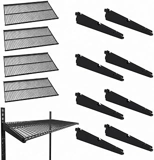 16.5-Inch Double-Track Shelf Brackets Kit, 12 Pack – 8 Brackets + 4 Wire Shelves (23.6 x 15.7 in), Metal Shelving Set for Twin-Track Wall Systems, Black