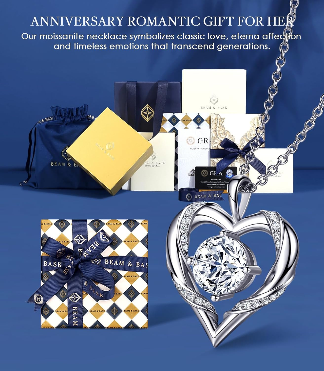 Beam & Bask 2-3 Ct Moissanite Heart Necklaces for Women, 18K Gold Plated Romantic Pendant for Anniversary Birthday, 925 Sterling Silver Jewelry for Wife Girlfriend Mom Her - Image 3