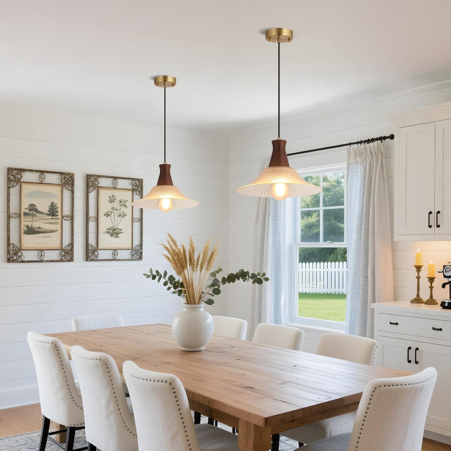 Vintage Kitchen Island Pendant Light Fixtures Clear Wood and Glass Pendant Light Fixtures, Modern Farmhouse Hanging Pendant Lights, E26 Base (Crystal+Wood, 1 Pcs)