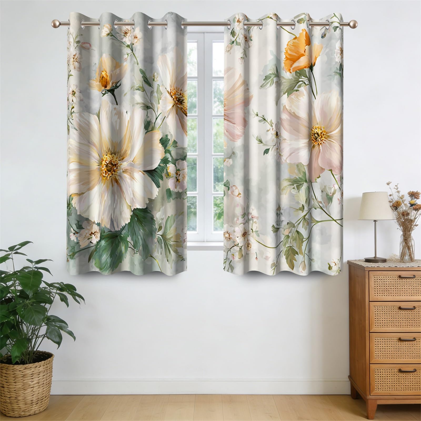 Rideaux occultants à Fleurs Jaunes 117 x 138 cm Chambre et Salon, Style Moderne et élégant, imprimé Floral, œillets, Isolation Thermique, Protection de l'intimité, 2 Panneaux