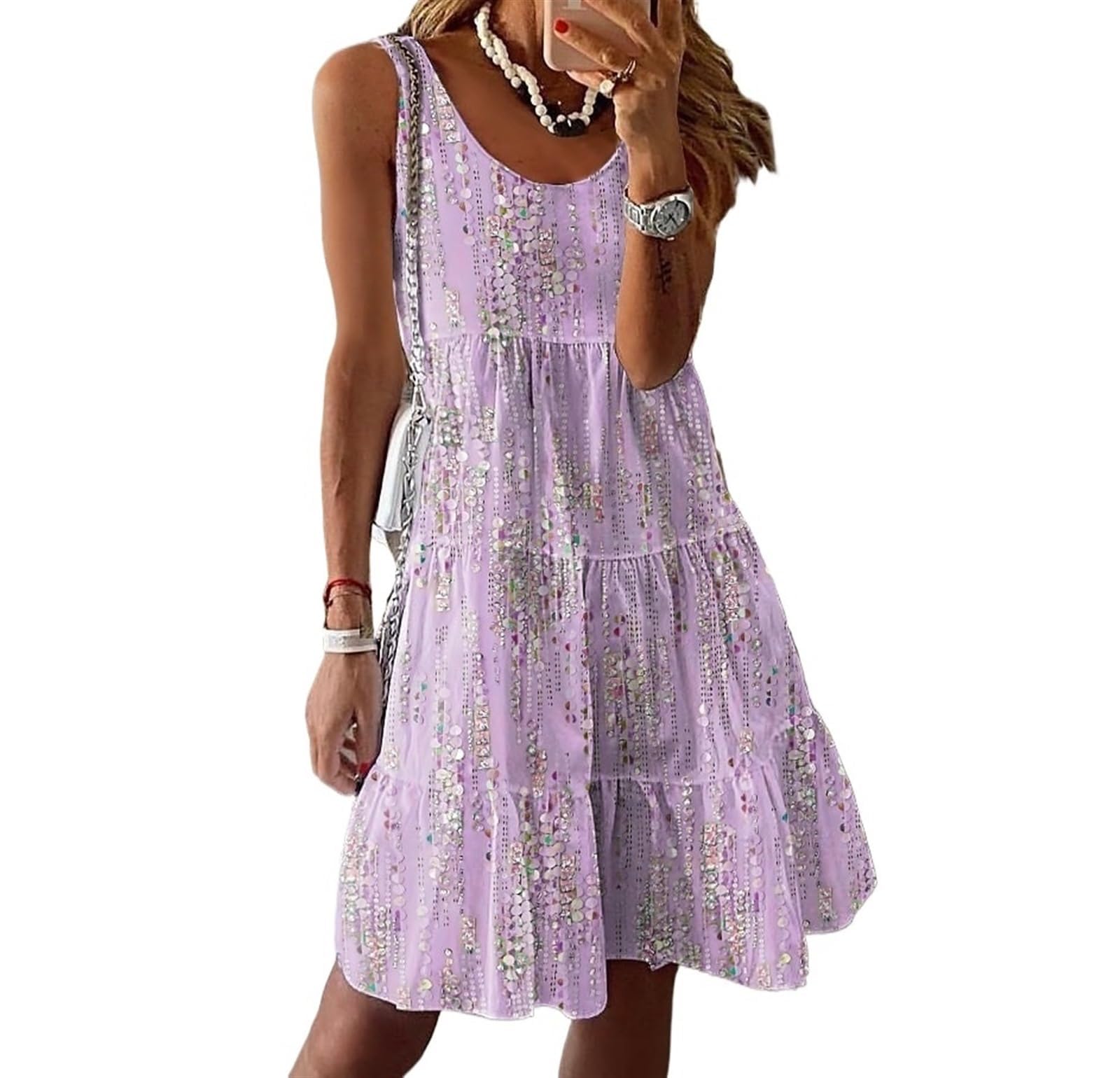 EIRUKON Vestidos Verano Mujer Sin Mangas Volante Cuello Redondo Elegante hasta la Rodilla Vestidos de Playa Impreso Elástico Midi Vestidos