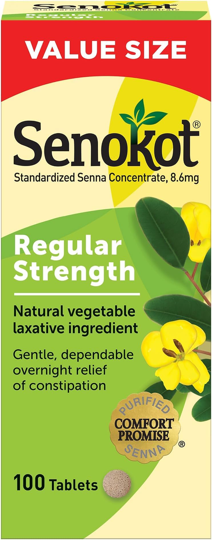 Senokot Regular Strength Laxatives for Constipation, Senna Laxative Tablets, 100 Count, Constipation Relief for Adults, Senna Tablets (Pack of 12)