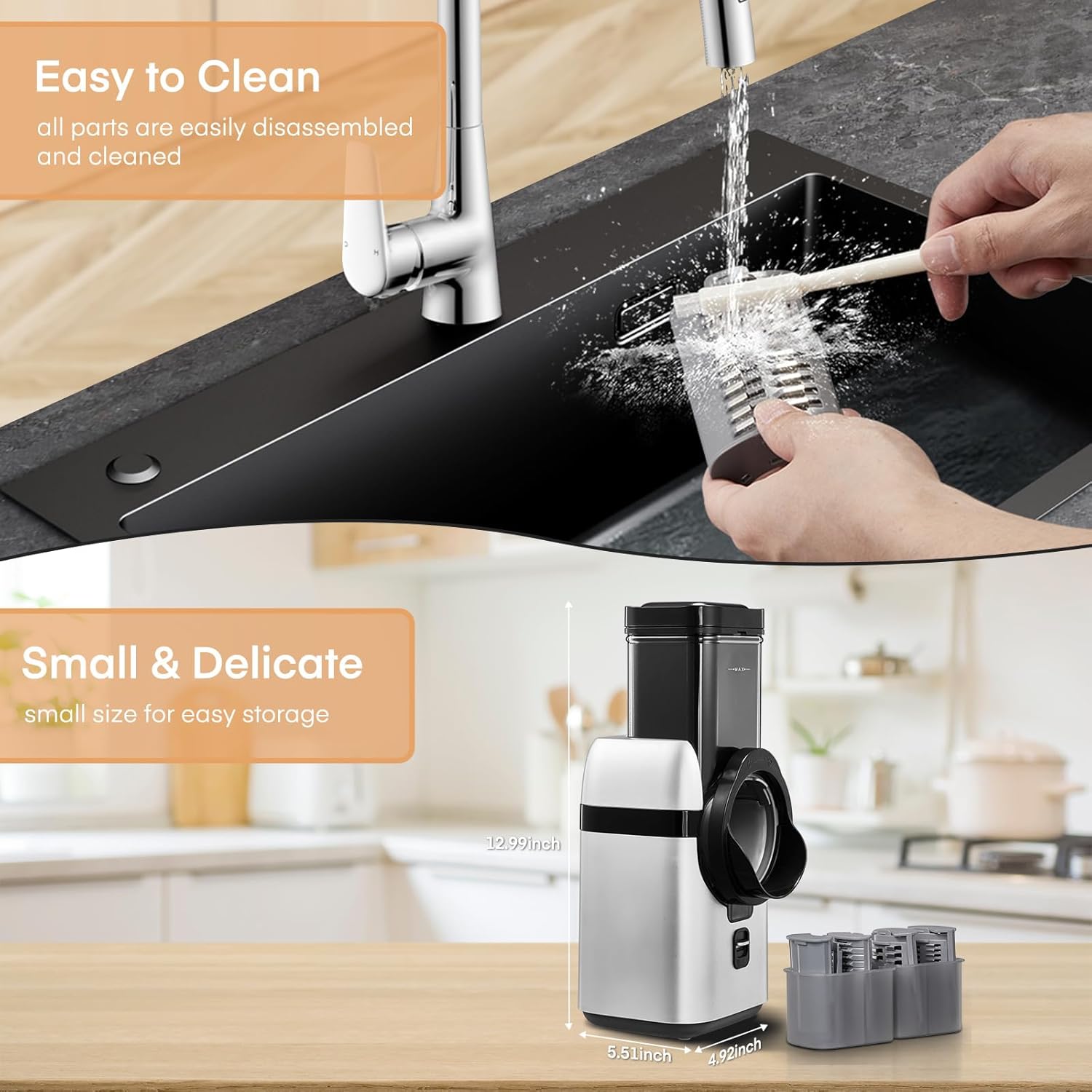 Electric Cheese Grater, Large Feed Chute Electric Grater Vegetable Shredder with Multi Replaceable Blades and Storage Box, 5 in 1 cheese slicer for Whole Potatoes, Cheese and Nuts