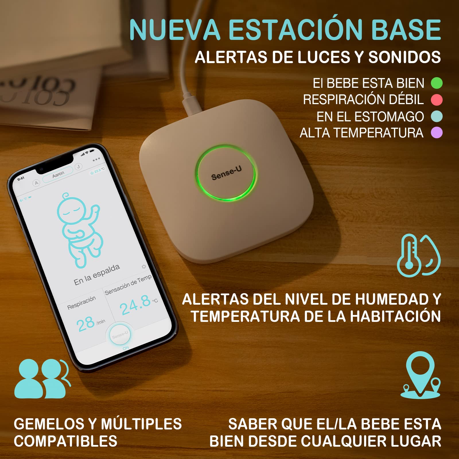 Sense-U Sensores de Monitor de bebé 3: realiza un Seguimiento del Movimiento Abdominal, la sensación de Temperatura, el Giro y la posición para Dormir de su bebé en los teléfonos Inteligentes(Rosa)