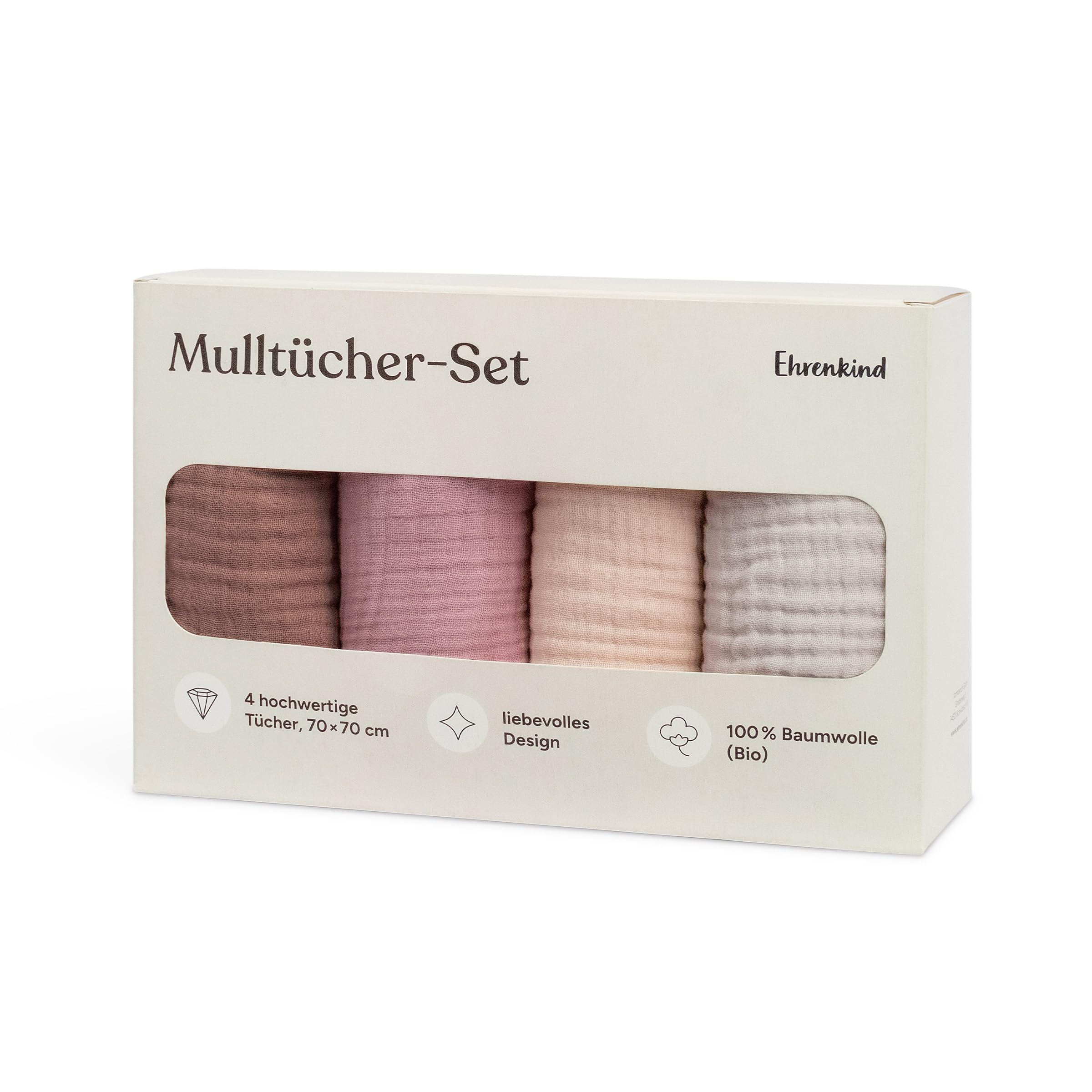 Ehrenkind® Mulltücher Baby 70x70 cm Premium Spucktücher für Neugeborene | Weiche Musselintücher im 4er-Set | Perfekt als Neugeborenen Geschenk & Baby Erstausstattung | Rosé