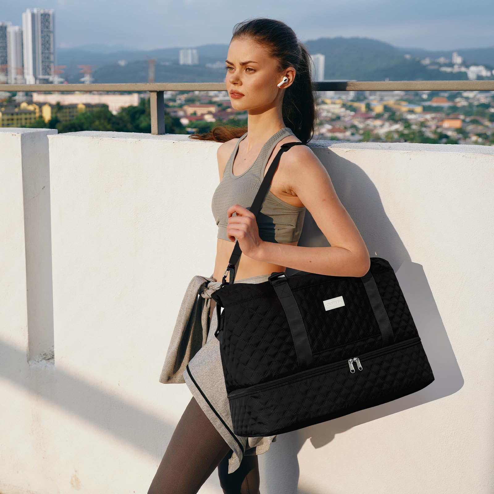55L Bolsa de Viaje Grand Mujer, Ligera Bolsa Deportiva Niña con Bolsa de Aseo, Bolsa Maternidad Hospital con Compartimento para Zapatos, Macuto Viaje para Yoga Deporte Regalo, Negro