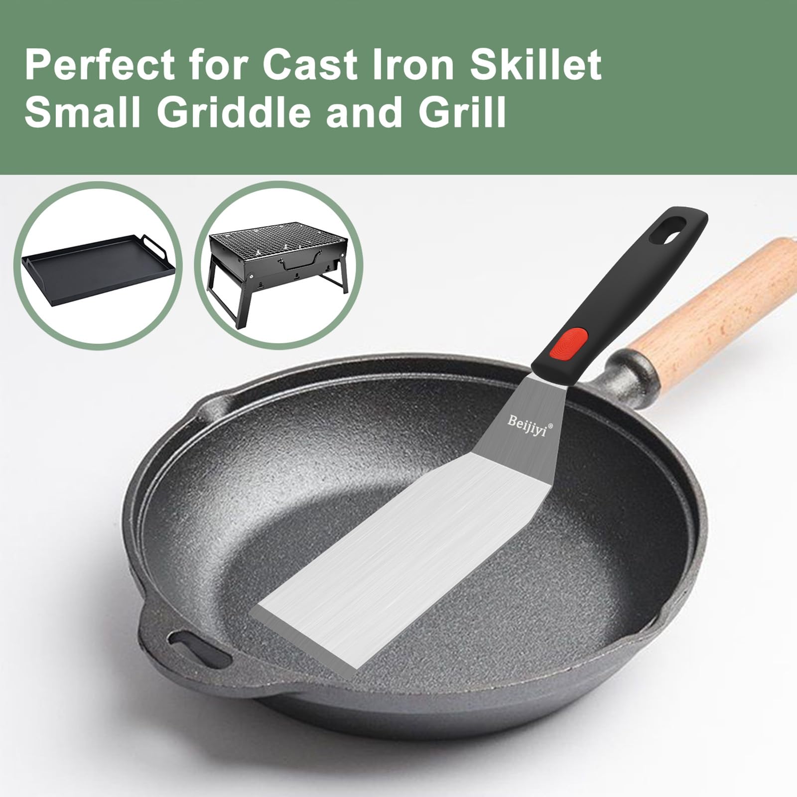Beijiyi Juego de 4 espátulas de acero inoxidable, pequeñas espátulas de metal para uso en cocina, utensilios de cocina con mango de silicona, espátula para pescado, huevo, hamburguesa y espátula para