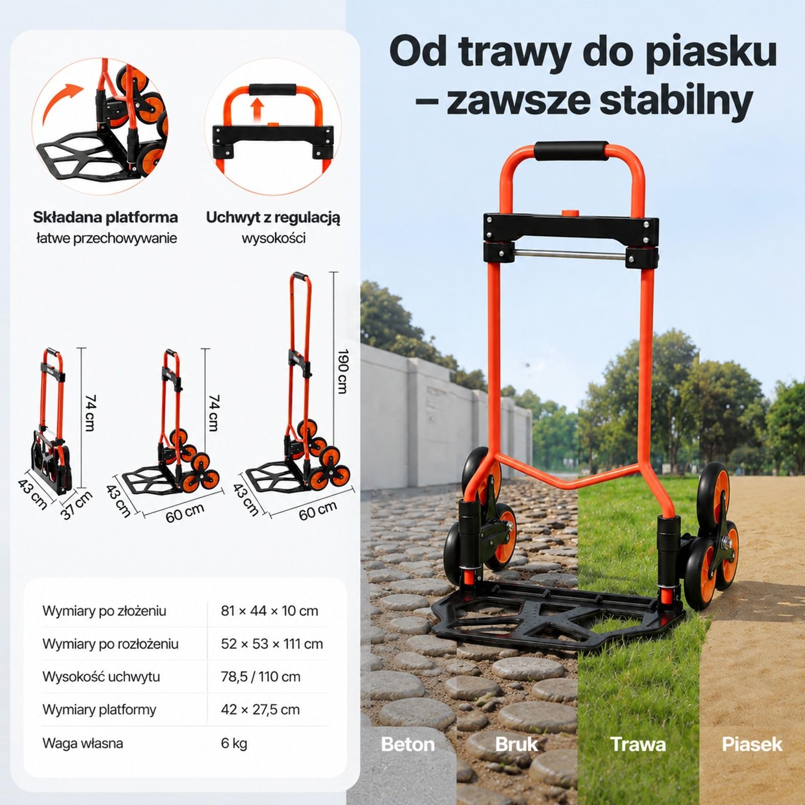 Składany wózek schodowy transportowy, 6 kółek, 2 pasy napinające, teleskopowy uchwyt, rama ze stali węglowej, do domu, zakupów i magazynu