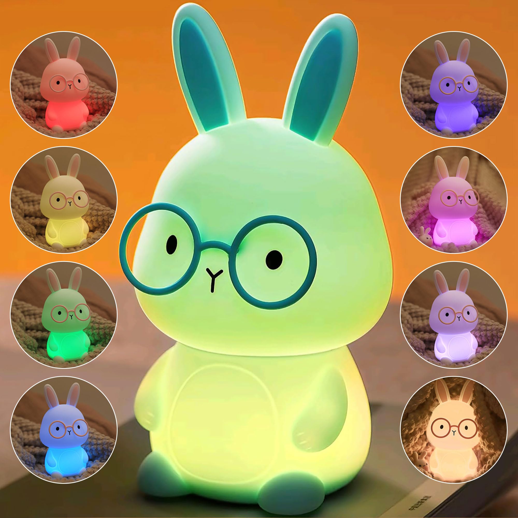 FAMIDUO Lucina Notte Bambini Coniglio, Lampada per Bambini Notturna da Comodino LED Ricaricabile in Silicone, Cambio Colore al Tocco, Dimmerabile a 3 Livelli/Timer, Regalo per Neonati