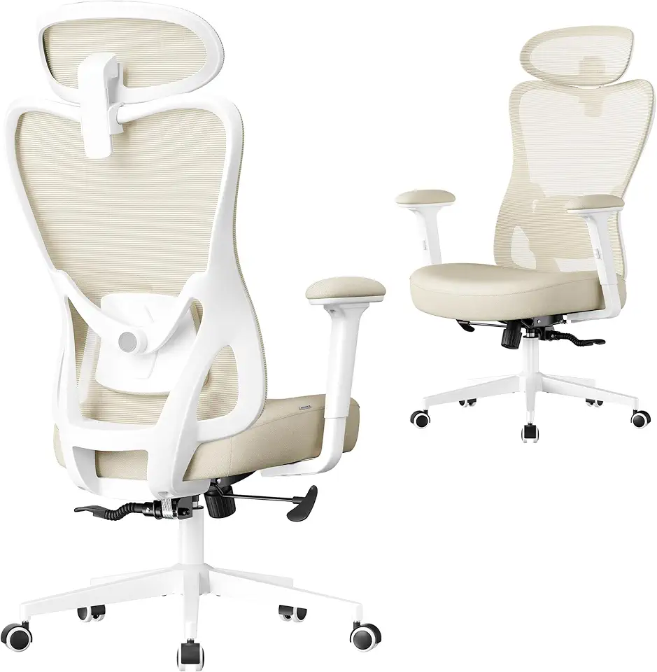 SONGMICS Chaise de Bureau Ergonomique, Fauteuil de Bureau, Appui-Tête et Soutien Lombaire Réglables, Supporte Jusqu’à 150 kg, Hauteur Réglable, Beige Sable OBN066LF01