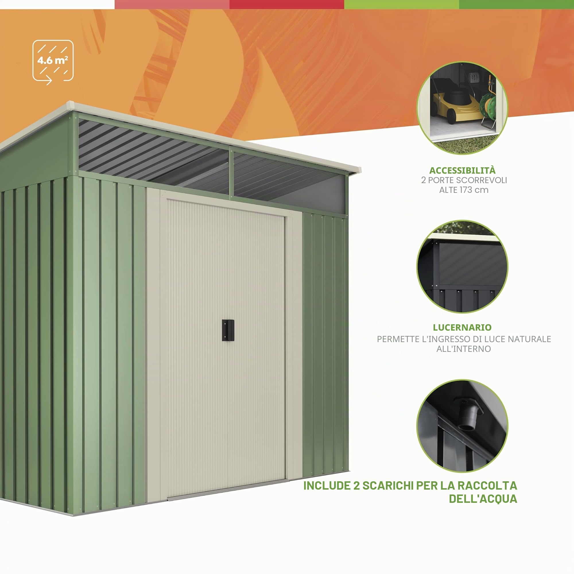 Wasabi Casetta metallica da giardino 4,60 m² Stark, lucernario in policarbonato, verde e beige, doppia porta scorrevole, tetto inclinato, capanno in metallo, stoccaggio esterno
