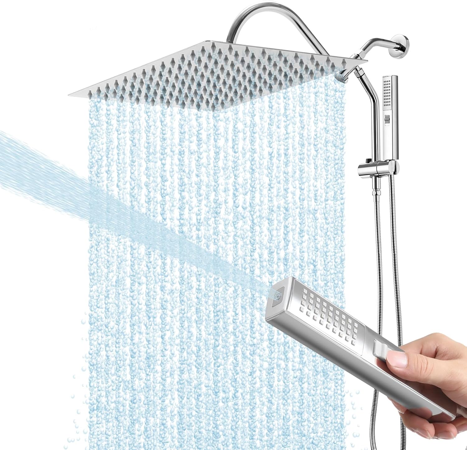 Shower Head, 12" Rain Shower Head with Handheld Spray Combo, High Pressure Rainfall Rectangle Shower Heads with Extension Arm Wide Dual Showerhead with Shower Slide Bar, Bathroom Accessories, Chrome