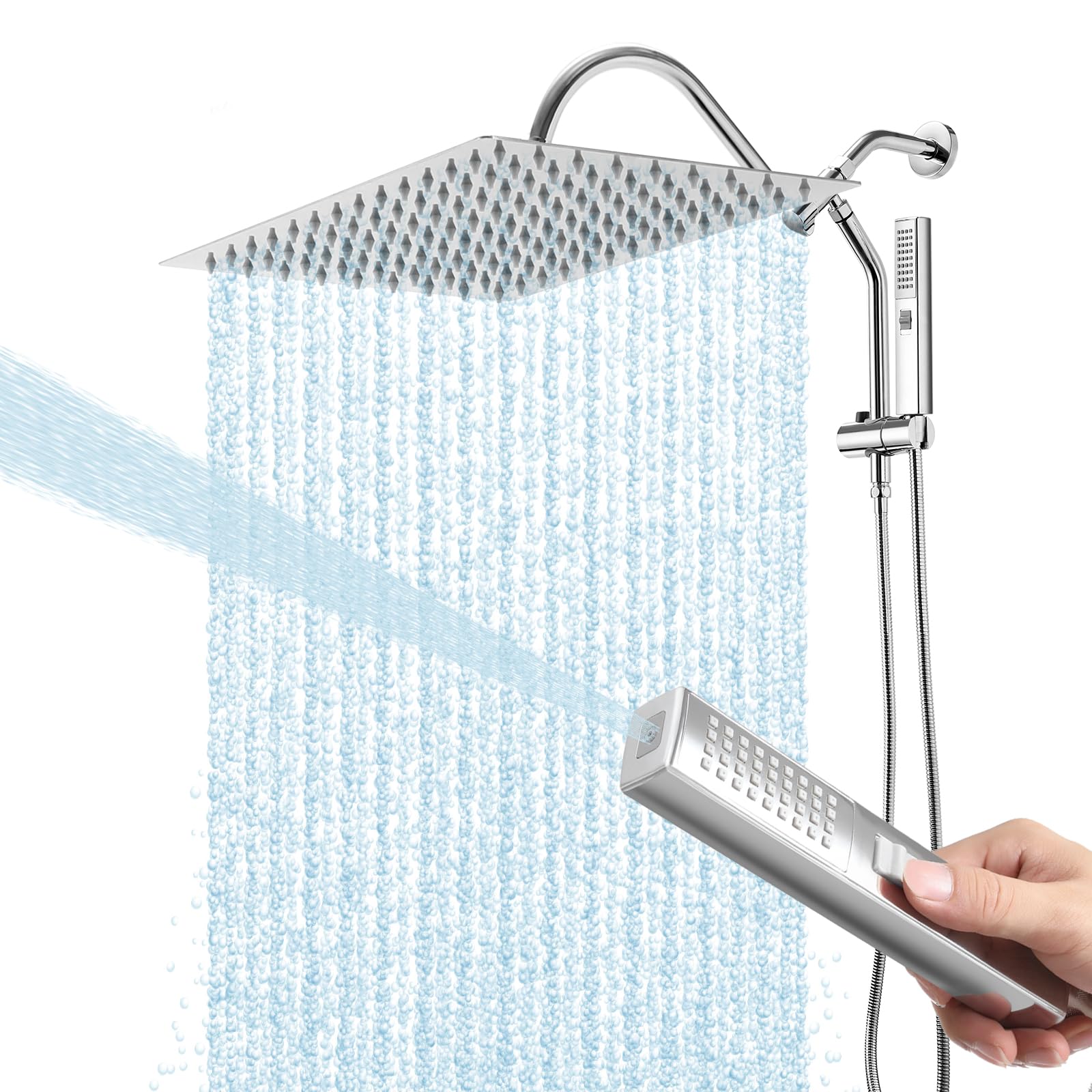 Shower Head, 12" Rain Shower Head with Handheld High Pressure Rainfall Shower Heads with Handheld Spray Combo Adjustable one-Piece Stand daul Showerhead Dual Showerhead with Shower Slide Bar, Chrome