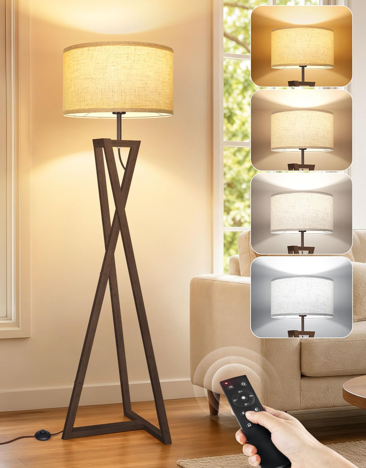 OUTON Black Tripod Floor Lamp with Wooden Base and Linen Drum Shade, Standing Lamp with Remote Control, Dimmable & 4 Color Temperatures, Sturdy Design Standard Lamp for Living Room, Office, Bedroom