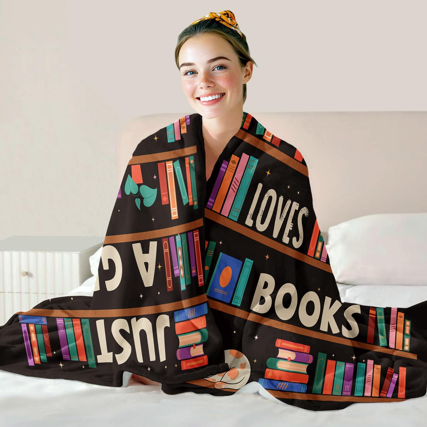 Reading Lover Blanket, Just A Girl Who Loves Books Blanket, Soft Warm Cozy Fleece Throw, Gifts for Girls Teens Kids, 60"x80", Black