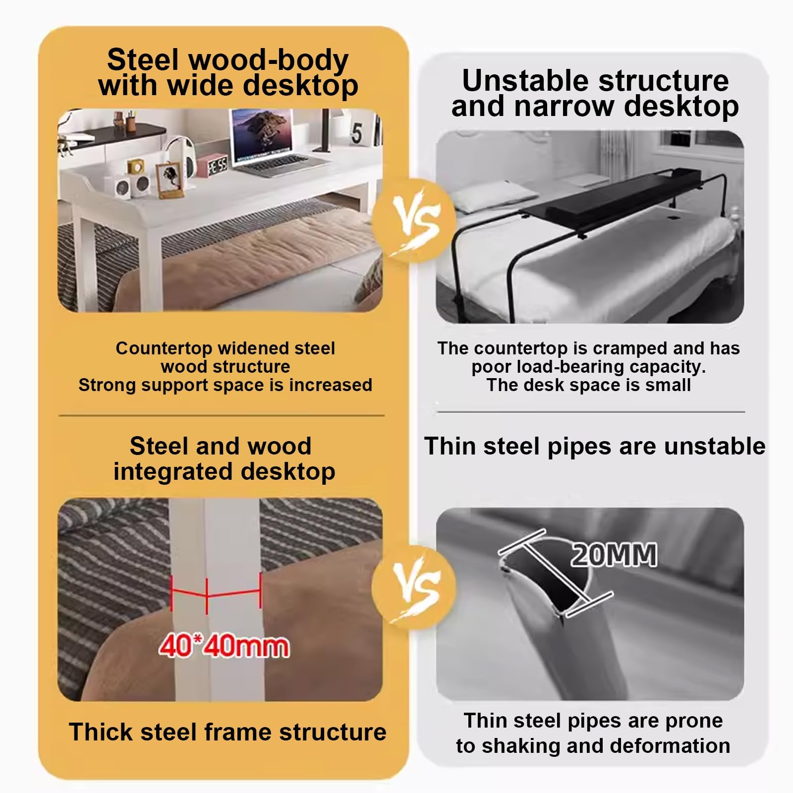 Tavolino Servitore Con Ruote - Per Letto E Divano - Scrivania Mobile Con Ruote Bloccabili - Legno E Metallo - Foto 10