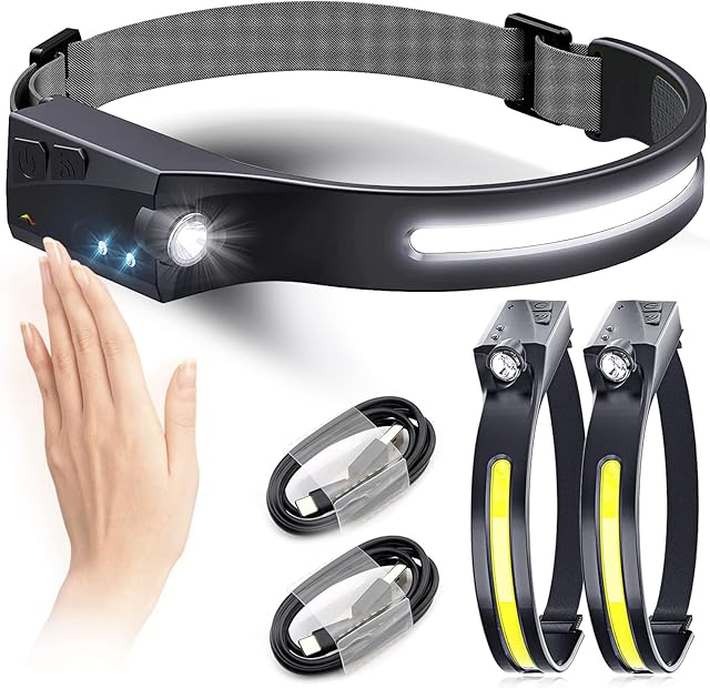 LED Head Torch USB Rechargeable Headlamp, Super Bright 600 Lumens, 8 Hours Runtime, 5 Light Modes, Motion Sensor, Waterproof LED Headlight Flashlight Ldeal for Running, Camping, Etc (2xBlack)