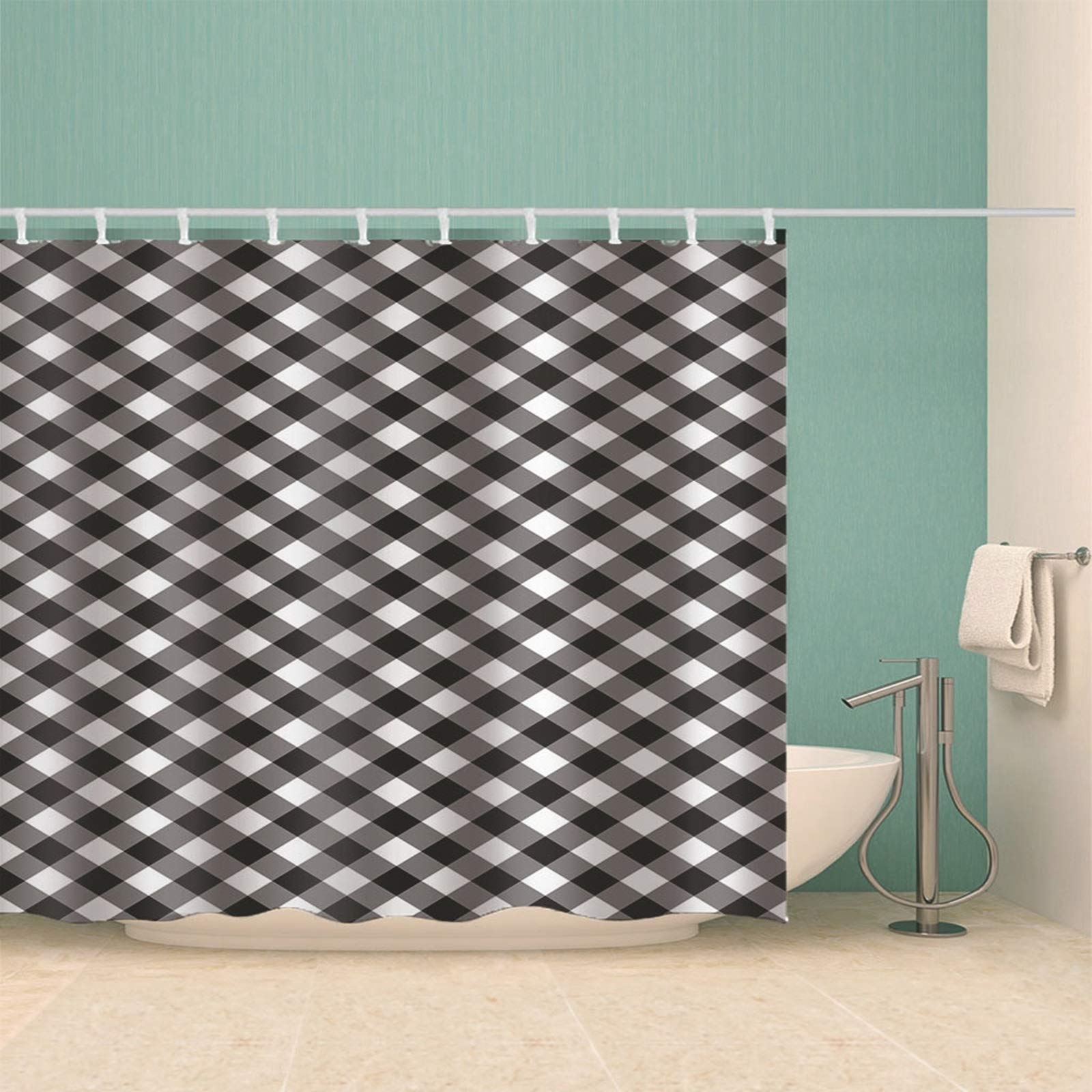 Cortina de ducha de poliéster, diseño de rejilla, con anillos, 180 x 200 cm, color blanco y negro