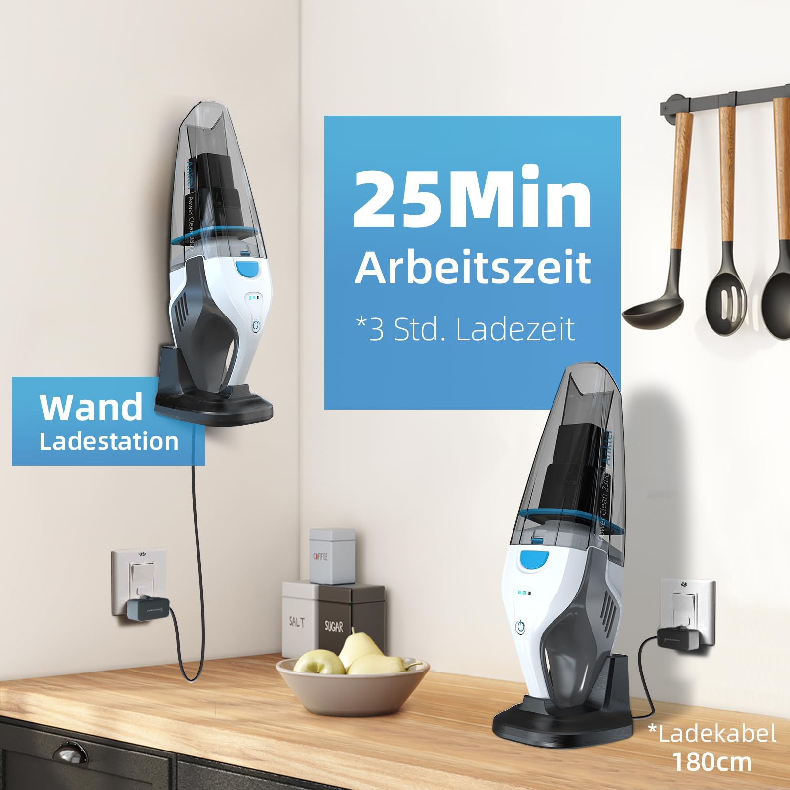 Anktel Handstaubsauger Testsieger mit Ladestation -PowerClean2300- Handstaubsauger Akku Kabellos Nass&Trocken mit Waschbar HEPA-Filter Handsauger Beutellos Staubsauger Ersatzfilter