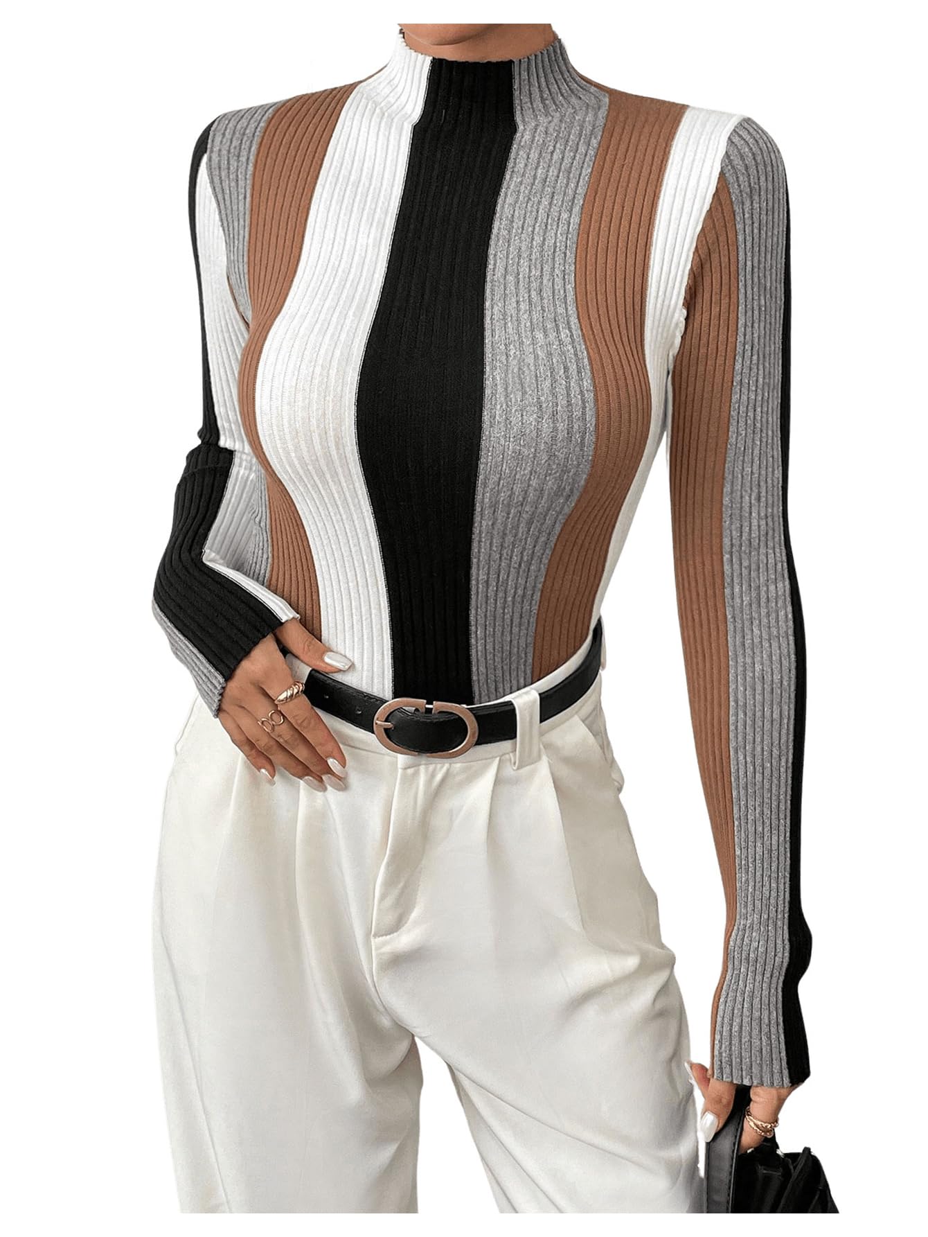 OYOANGLE Womens Color Block Mock Neck Ribbed Sweater Long Sleeve Fitted Knit Pullover Tops