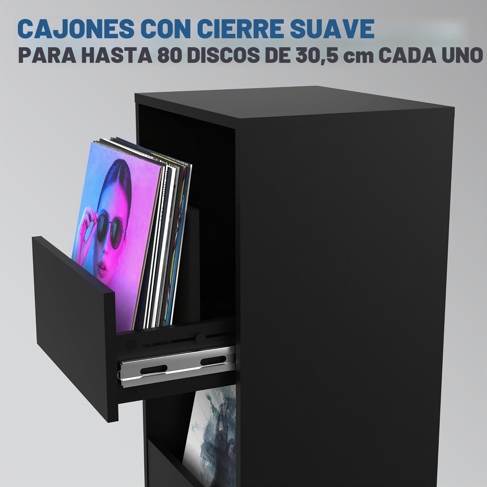 Glorious Vinyl Vault - Armario para Discos de Vinilo con cajones de Cierre Suave para LPs de 12 Pulgadas, Capacidad para 160 álbumes, diseño Modular, Color Negro