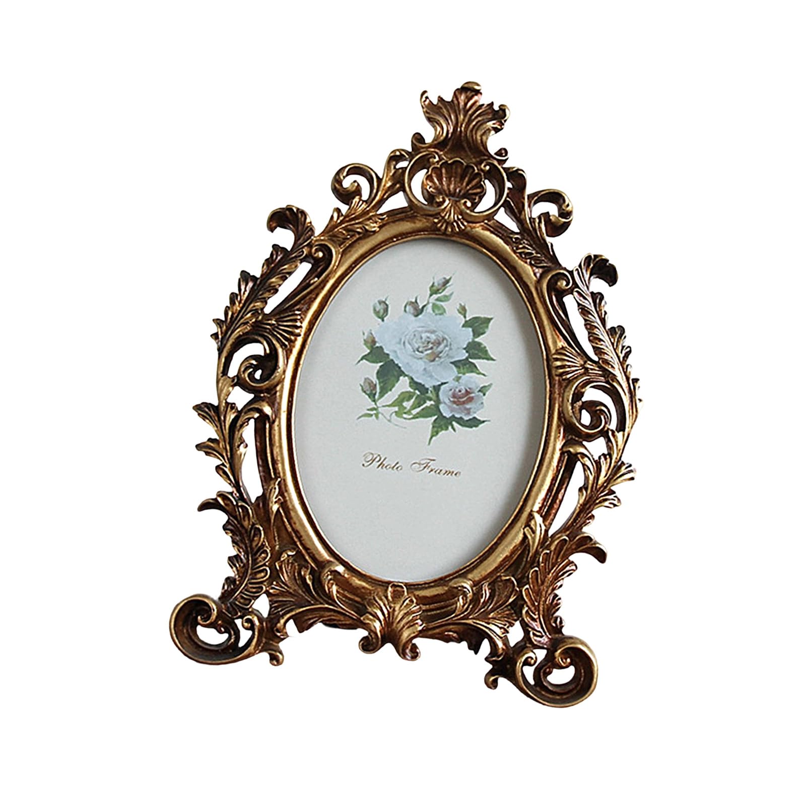 European Elegant Oval Desktop Photo Frame with Antique Finish Golden Flowers Resin Picture Frame for Living Room Decors Oval Shape Photo