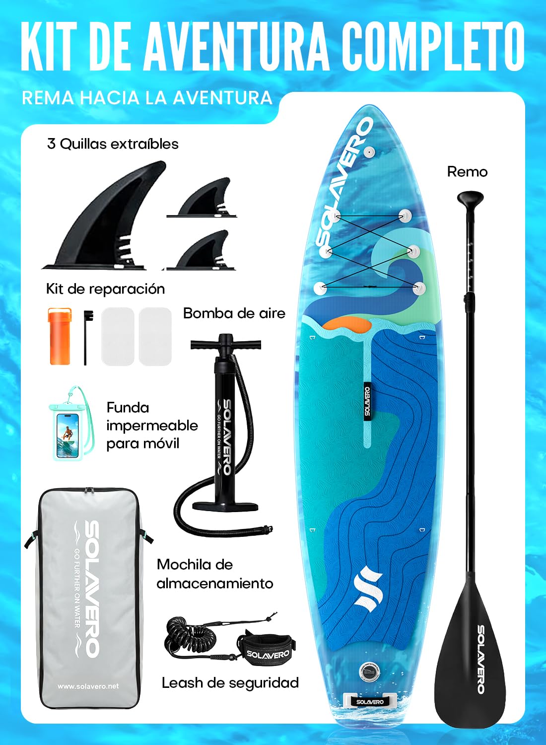 SOLAVERO Tabla Paddle Surf Hinchable, 335 x 83 x 15 cm Sup con Antideslizante EVA Deck, Paleta Ajustable, Soporte para Cámara, Quillas, para Todos los Niveles de Habilidad, hasta 200 kg
