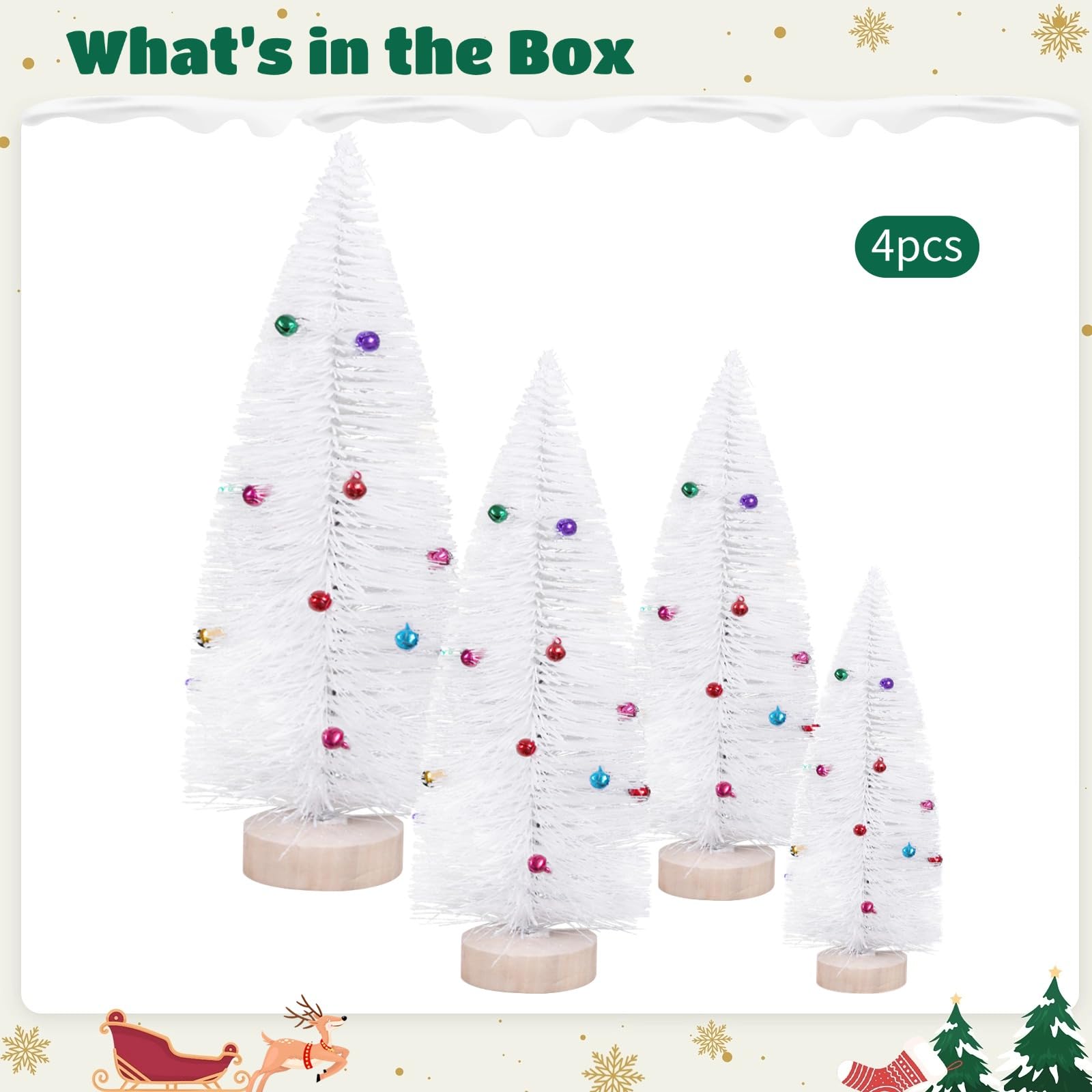 4 Stück Mini-Weihnachtsbäume, weiße Tischbäume in Frostoptik mit Glocken und Holzsockel, künstliche Kiefern von 6 bis 12 Zoll mit Buntem Baumschmuck für Weihnachtsfeier und Heimdeko