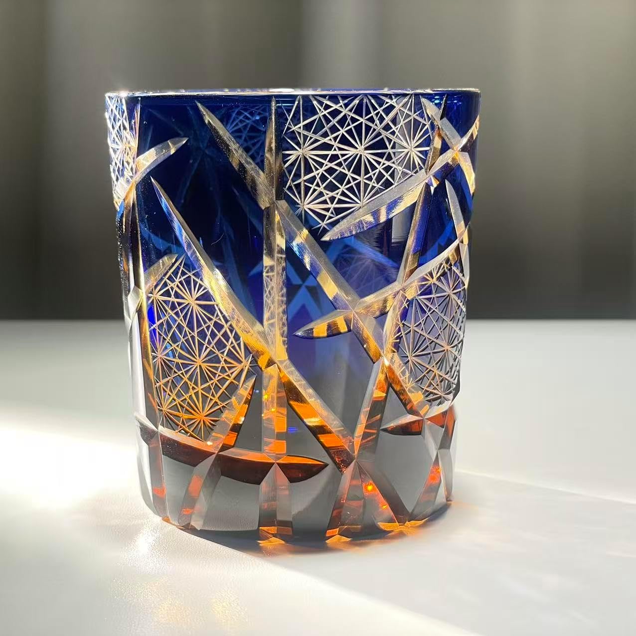 Crystal Cut Whiskey Glass, Blue and Amber Geometric Pattern, Vintage Style Old Fashioned Glass (starry night 1)