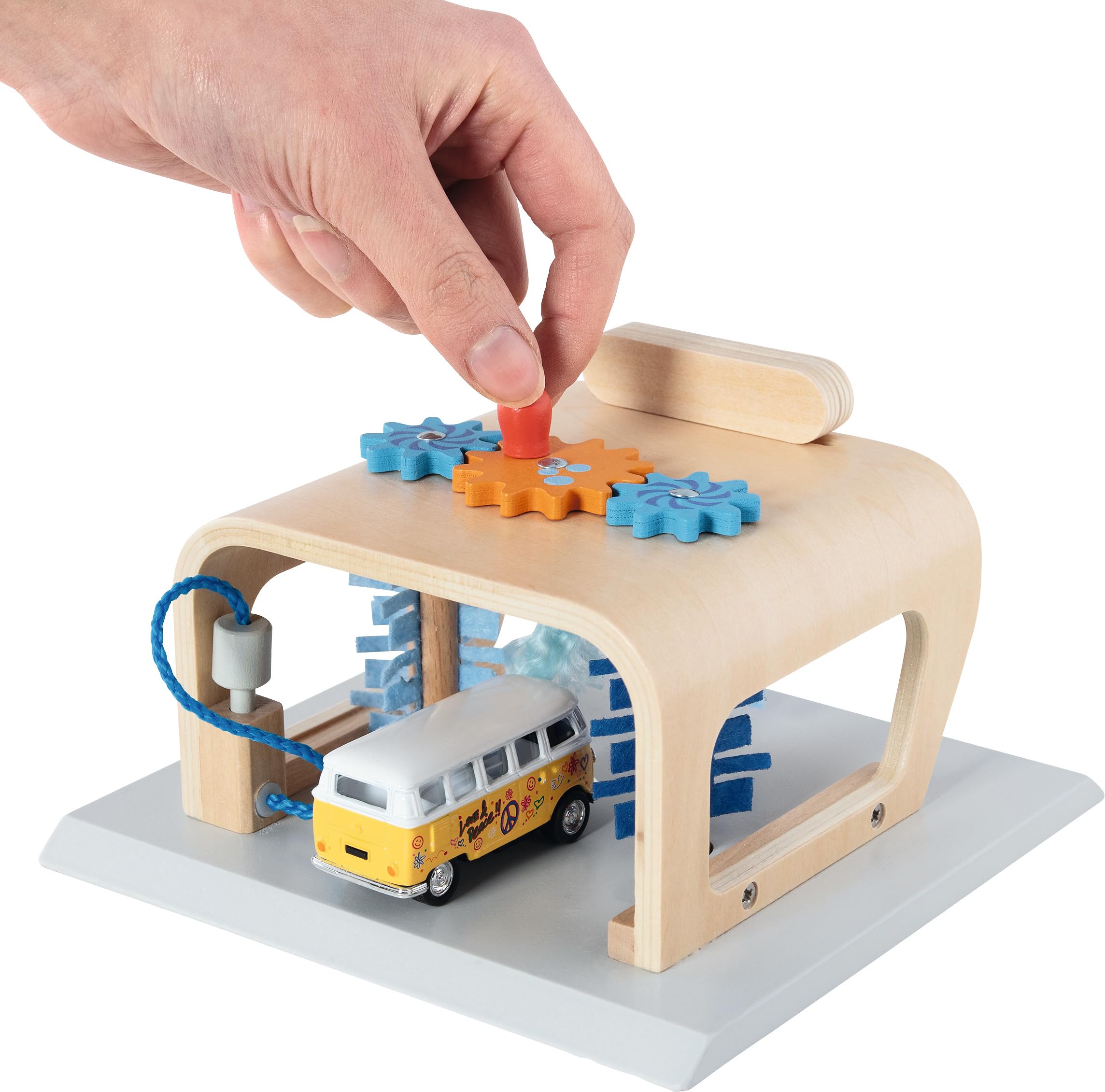 goki 53779 Waschanlage PowerClean, Autowaschanlage aus Holz – Spielset mit Bürsten, Filzvorhängen & Sprühdüse, ca. 16 × 16 × 10 cm