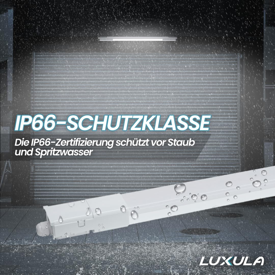 LUXULA 4x LED Feuchtraumleuchte 120 cm, 32W 3680lm, 115lm/W, durchschleifbar, Fast Connector, robuste Wannenleuchte für Garage Keller Werkstatt, gleichmäßige Ausleuchtung, einfache Montage