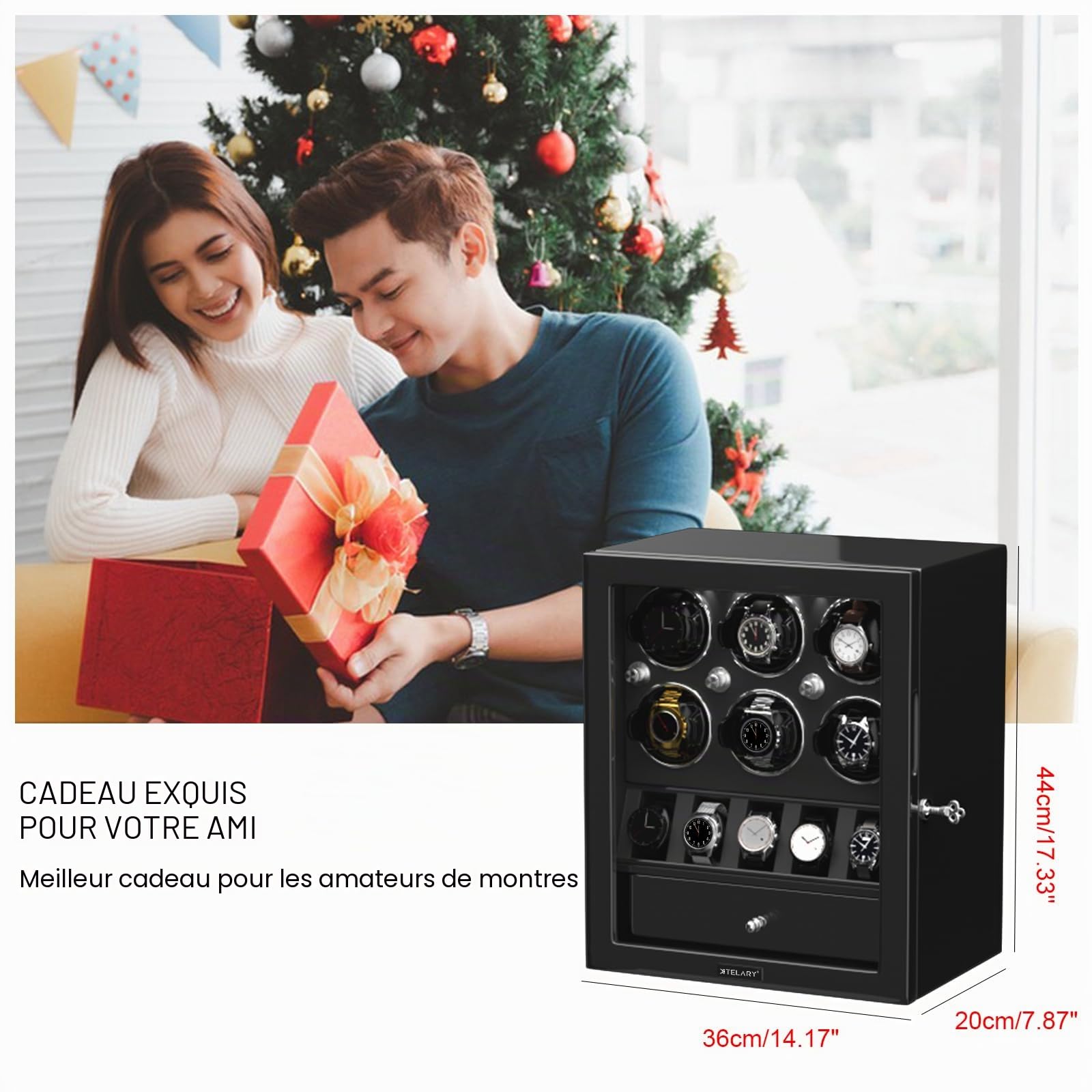 XTELARY Remontoir de Montre verrouillable Noir pour 2/4/6/8 avec 3/6 emplacements mémoire, tiroir de Rangement, 4 Modes de Rotation, lumière LED Blanche, Moteur Super Silencieux