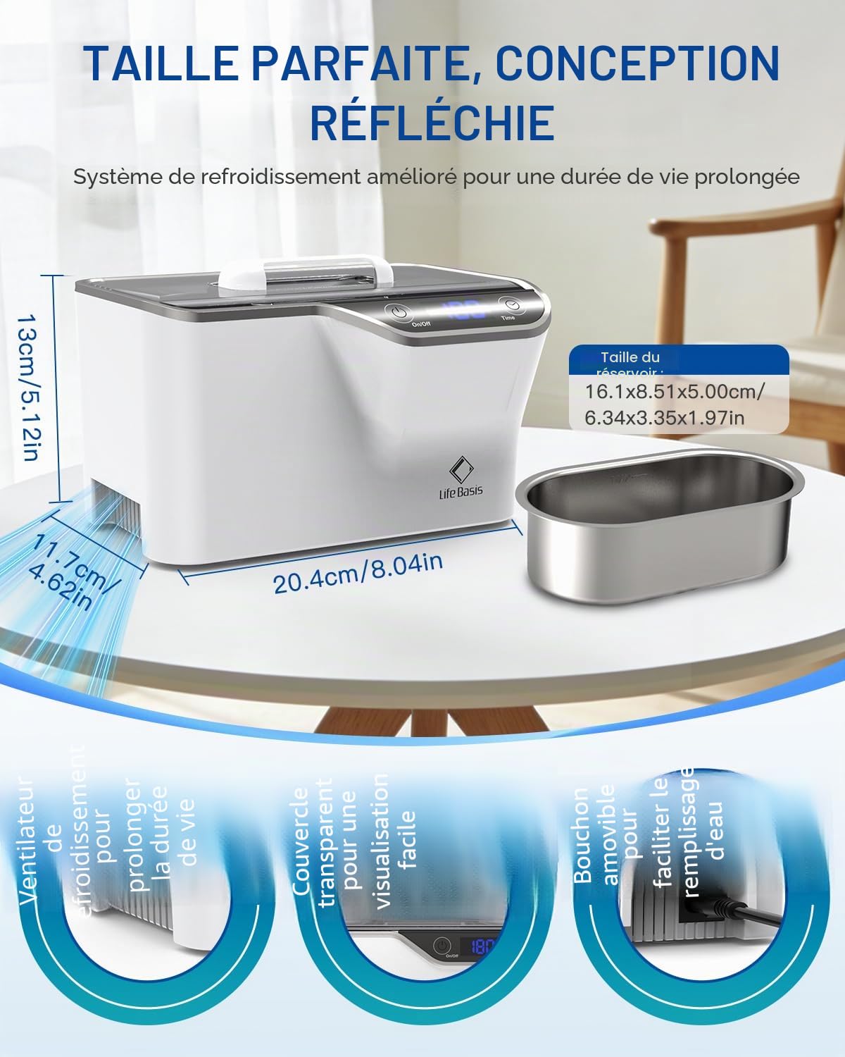LifeBasis Nettoyeur Ultrasons 600 ml Professionnel, Bac Ultrasons avec 5 Modes de Nettoyage pour Lunettes, Bijoux, Montres, Argent et Rasoirs