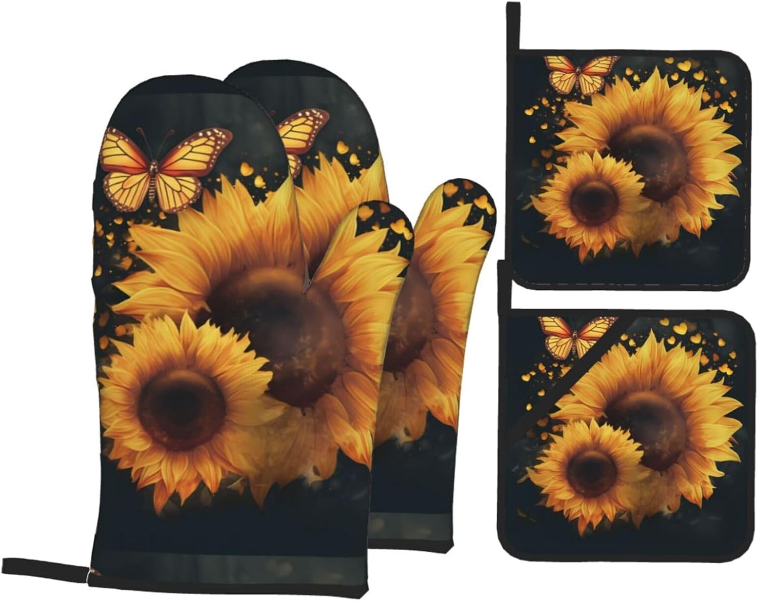 (Butterflies and Sunflowers) Baking 4-Piece Set: 2 Oven Mitts and 2 Pot Holders Heat Resistant Waterproof Hanging Loop for Kitchen Oven Grill Housewarming Gifts