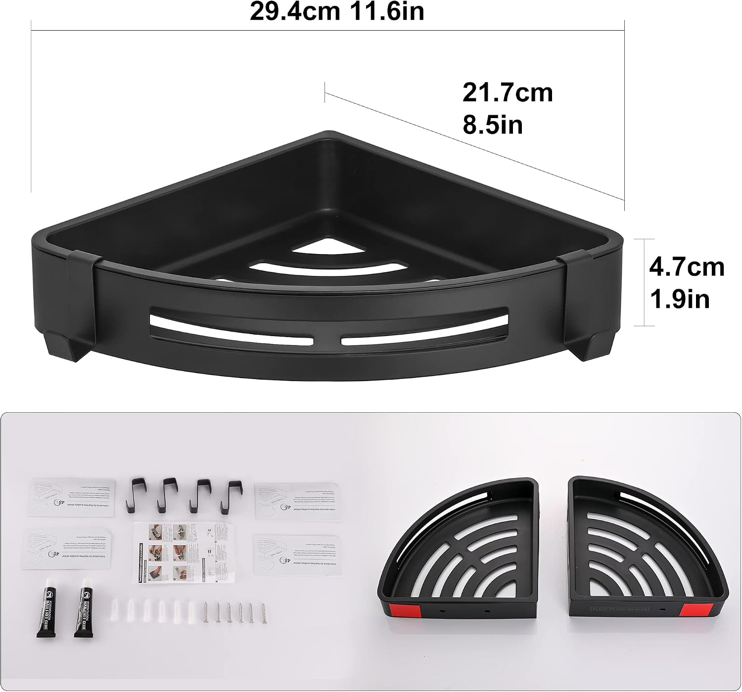 DUFU Bathroom Shelves Wall Mounted with Hooks, 2 Pack Shower Corner Shelf Self-Adhesive for Kitchen, Anti-Rust Stainless Steel, No Drill or Wall-Mounted with Screws(Matt Black)