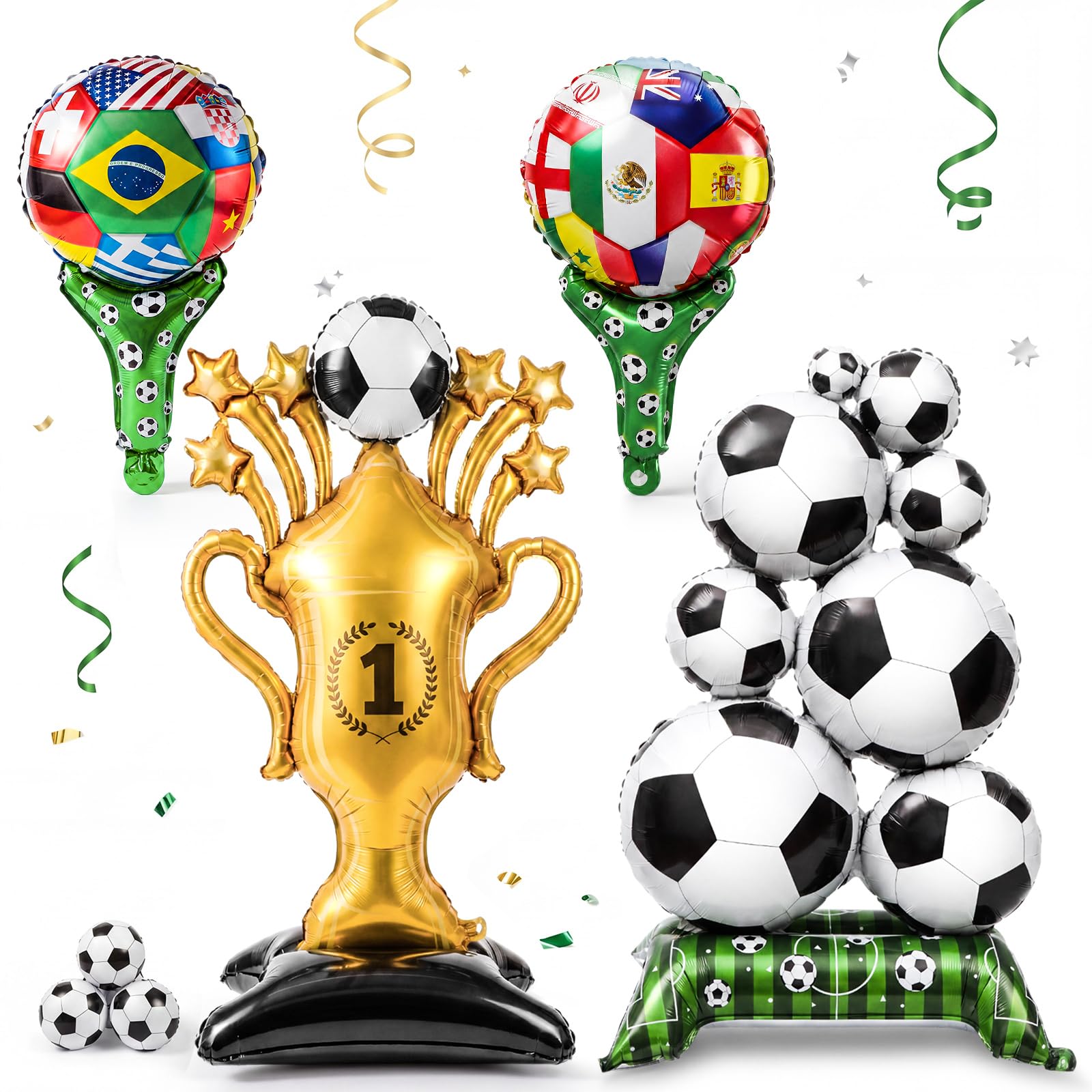 Photo 1 of Teyva Daily 4 Pcs Soccer Balloons Party Decorations, 4.9ft Giant Self Standing Soccer Gold Champion Trophy Foil Balloons 1.5ft International Flag Cheer Balloon for World Tournament and Event Decor