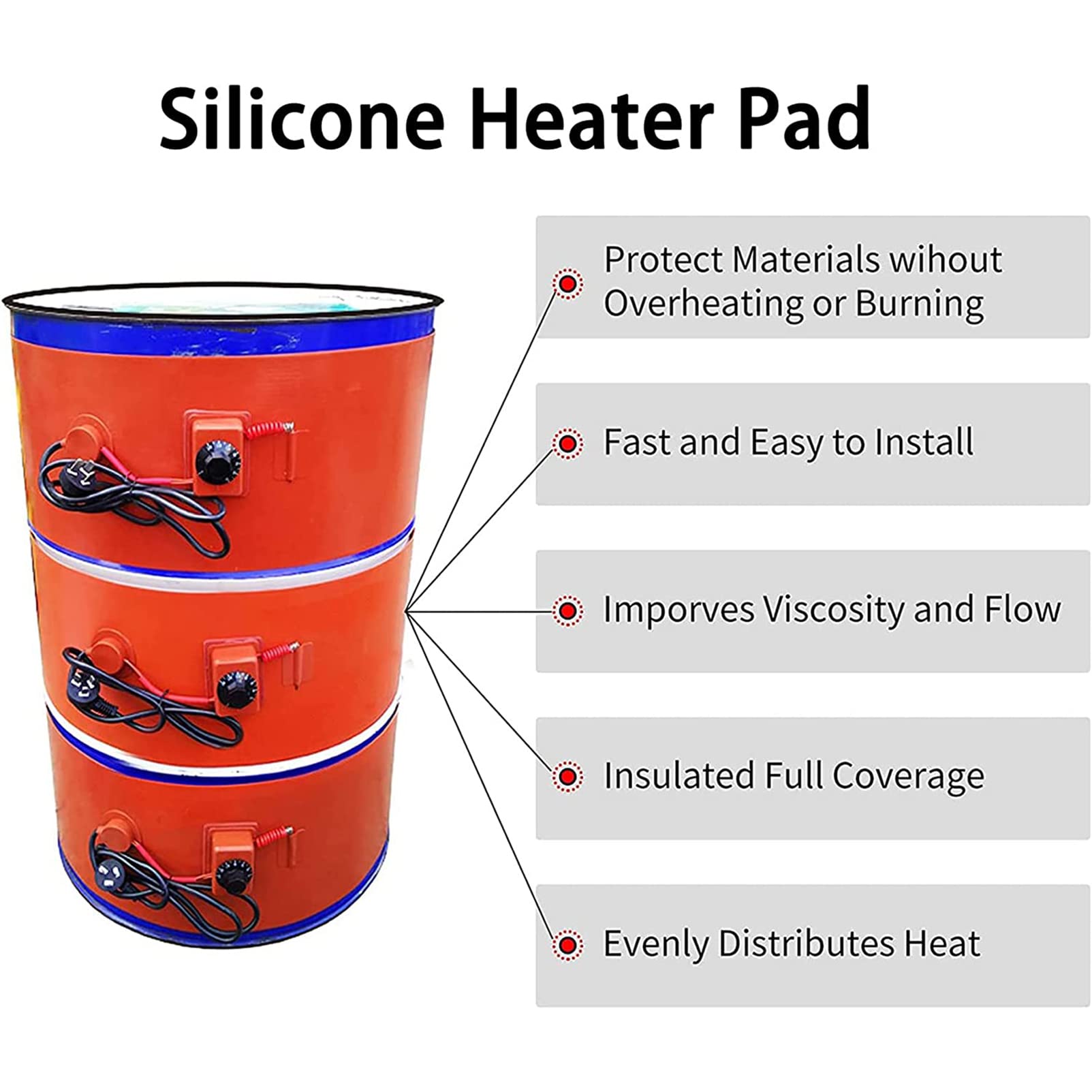 Calentador Cilíndrico De Silicona Con Control De Temperatura Ajustable | Aislamiento Industrial, Procesamiento De Biodiesel, Fijación De Resortes Flexibles (200L 250*1740 2000W)