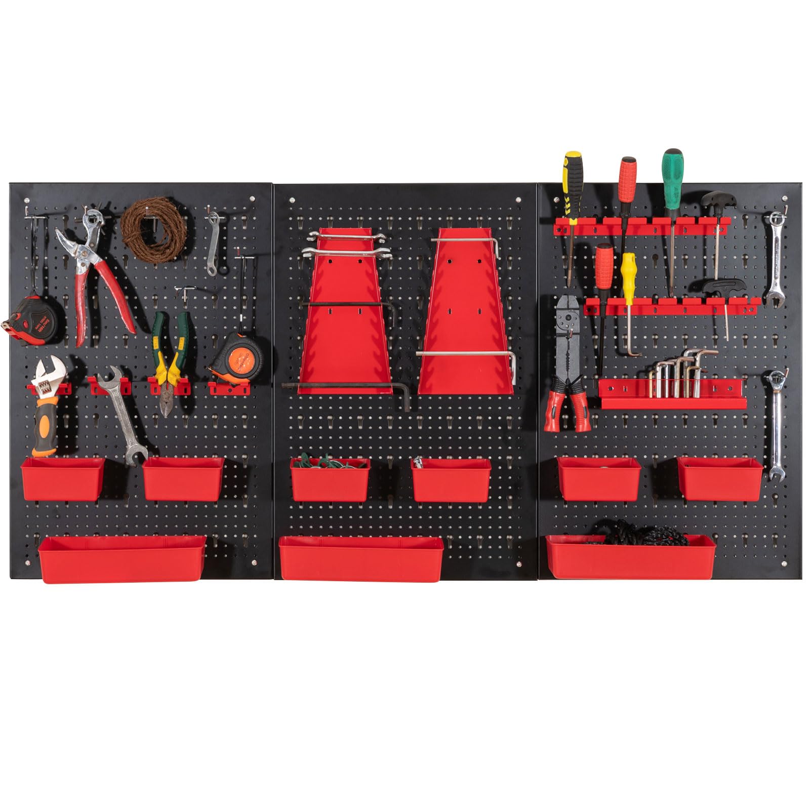 GOPLUS Portaherramientas Mural de Metal 120 x 60 x 2 cm, 3 Paneles Perforados, Bandejas, Soportes y Ganchos para Martillos, Almacenamiento de Herramientas para Taller (Negro + Rojo)