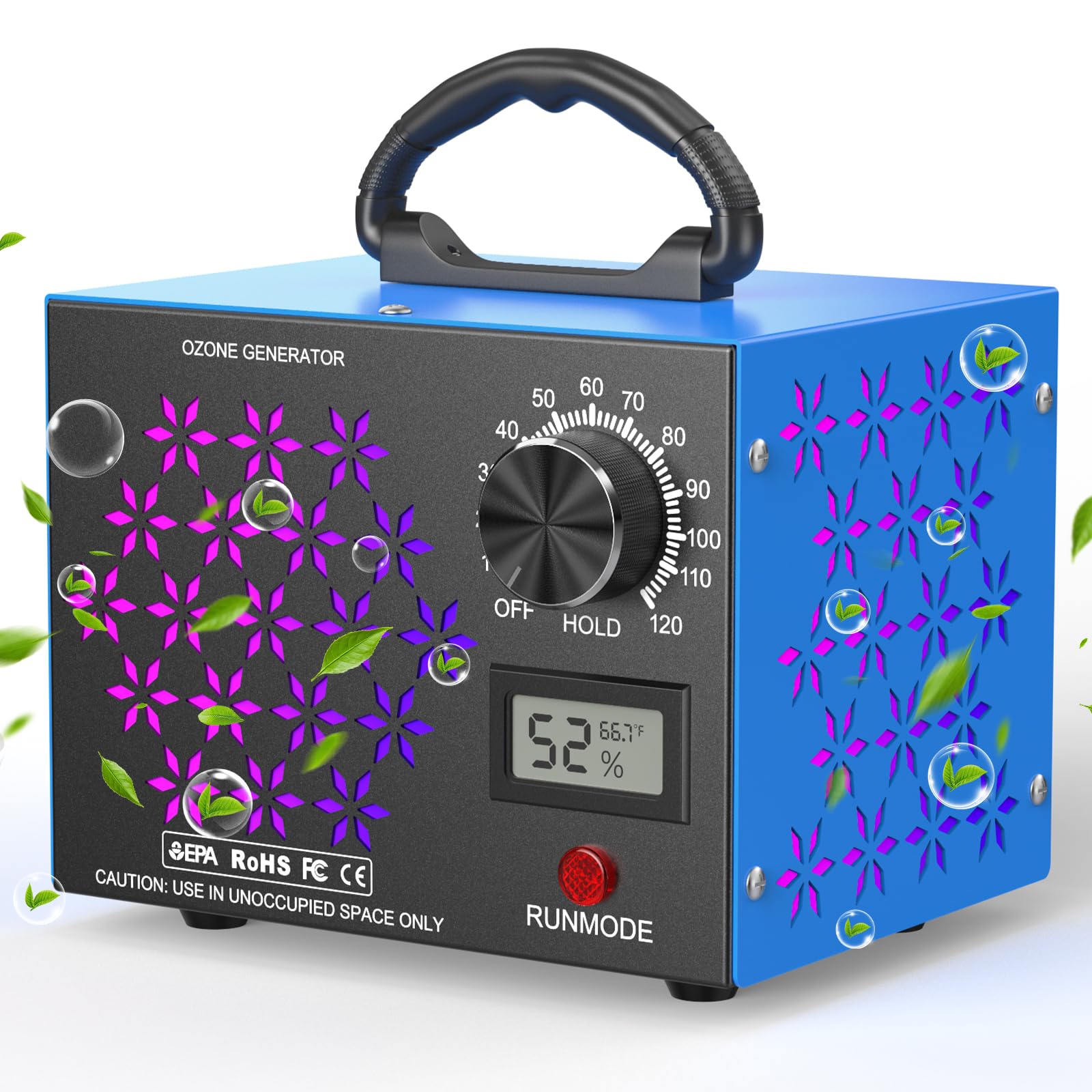 Photo 1 of 120,000mg/h Ozone Generator Machine with Temp/Humidity Display, Triple Side Vents for Enhanced Airflow - Faster & Wider Ozone Odor Eliminator Air Purifier for Home Car Pets, Up to 6000 Sqft, Blue