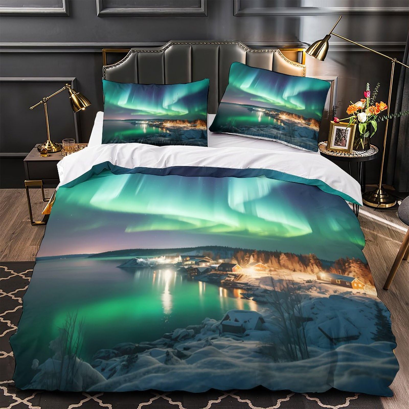 Housse de couette aurores boréales 135x200cm en microfibre douce avec parure de lit