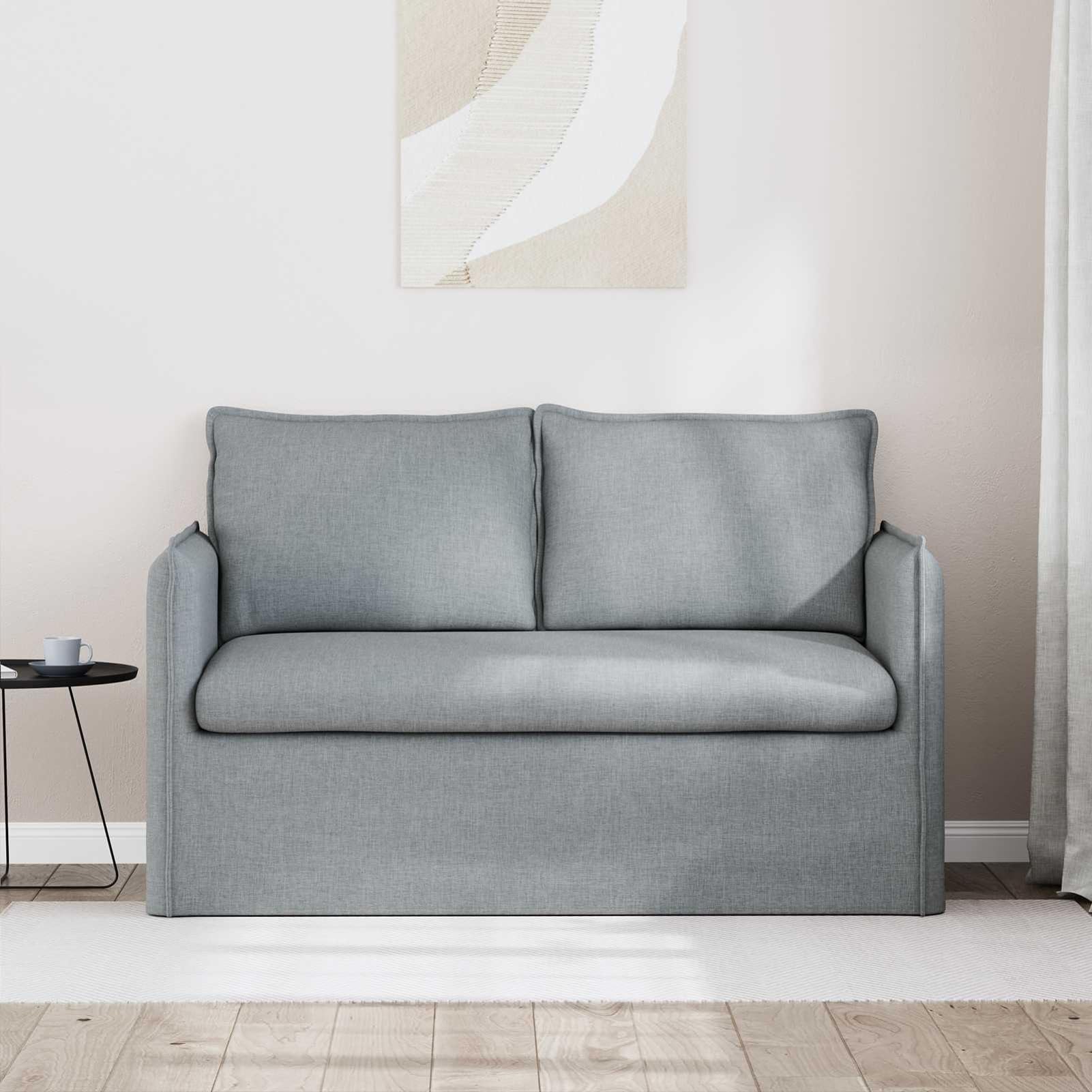 Divano rettangolare moderno, design modulare componibile, struttura metallo e legno, tessuto grigio traspirante, imbottitura schiuma fibra, dimensioni 136x82x85 cm, per soggiorno e camera da letto