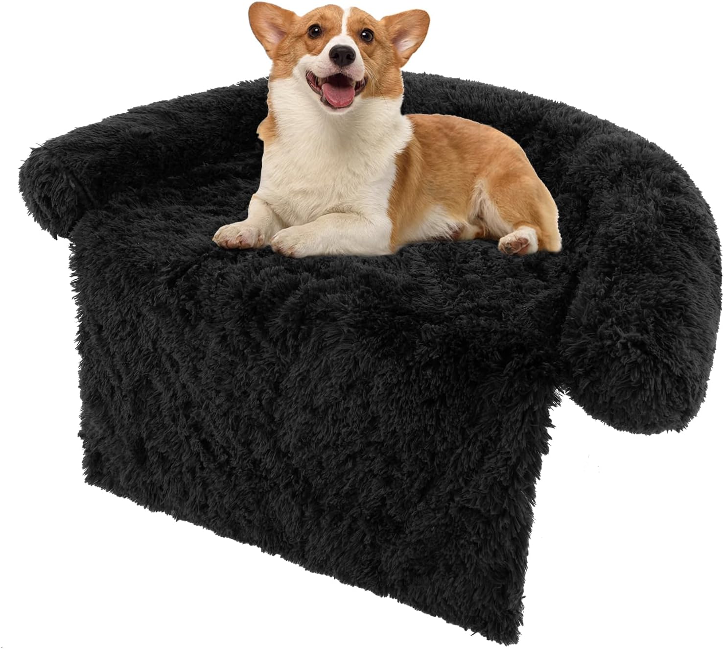 Calming Dog Bed - Fluffy Plush Pet Bed for Couch, Removable Washable Cover, Soft Neck Bolster, Dog Sofa Bed Furniture Protector Mats for Dogs Cats (Dark Gray, Small - 40'' x 35'' x 6.5'')