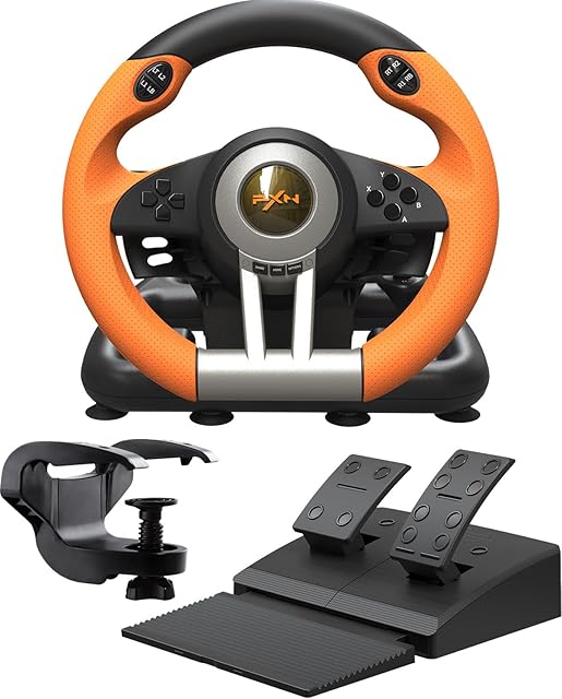 PXN V3 Pro Kierownica Gamingowa z Pedałami, Wibracyjne Sprzężenie Zwrotne Kierownica Wyścigowa 180° dla PC, PS3, PS4, Xbox One, Xbox Series X&S i Nintendo Switch -Pomarańczowy