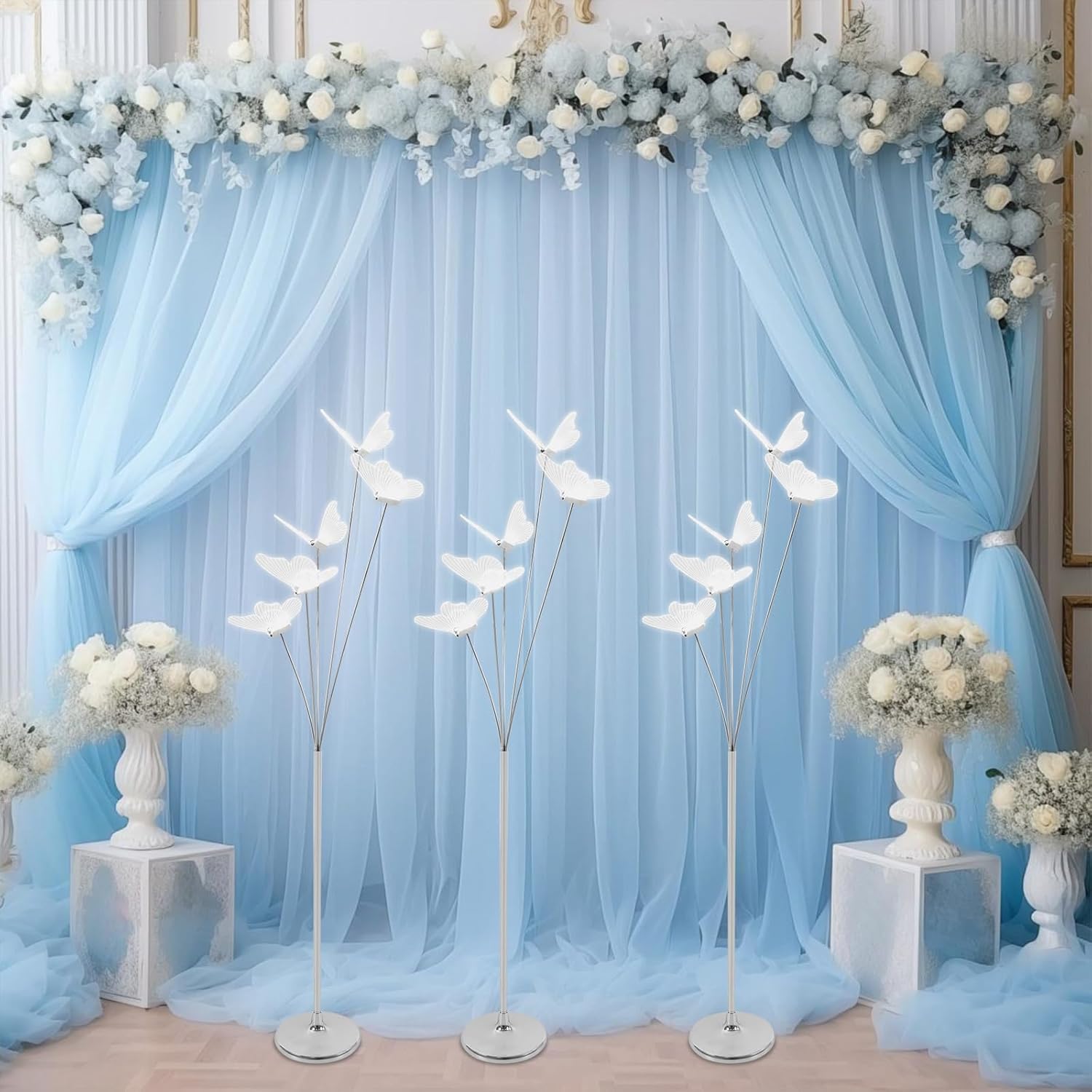 59”Butterfly Wedding Floor Lamp, Set of 3 LED Butterfly Standing Lights, 5-Head Butterflies Floor Lamp with Silver Pole & White Light for Indoor Outdoor Wedding Decor, Party
