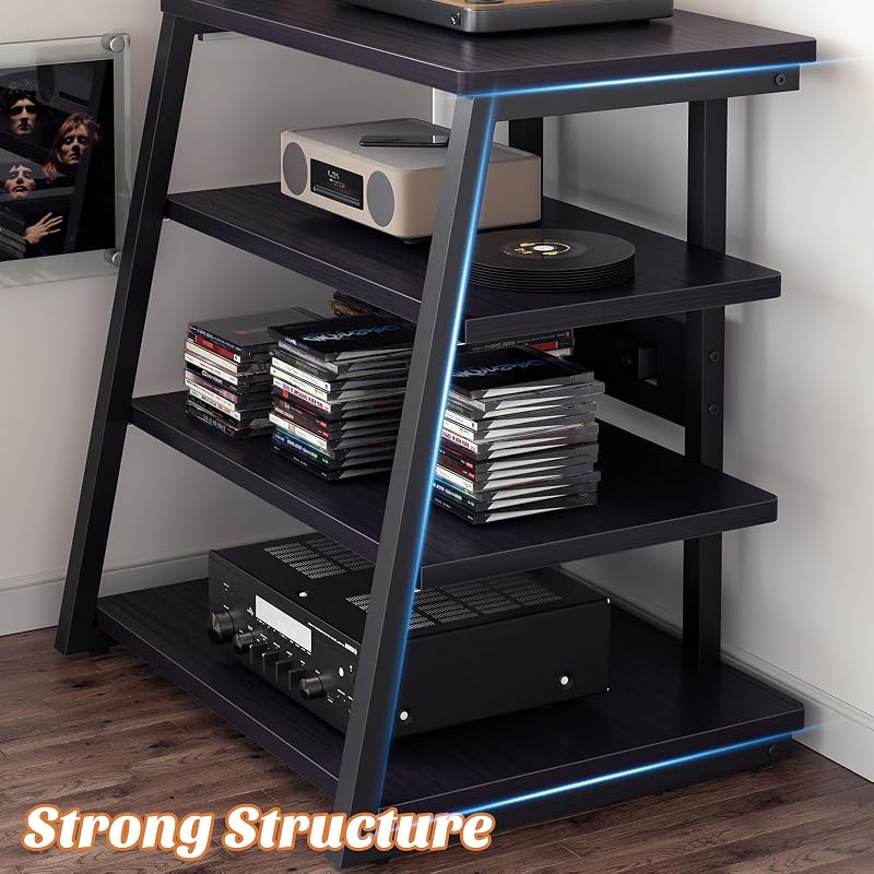 Besiost AV Media Stand with Outlets, Media Console with LED Lights, Stereo Racks and Stands with Storage Shelves, Media Audio Tower Cabinet, Black Enoby image 5