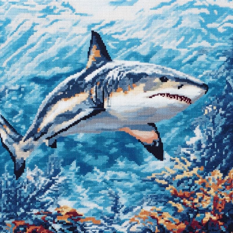 Shark Cross Stitch Kits - Counted Cross Stitch Kits for Beginners Adults,11 CT Patterns Dimensions Embroidery Kits Arts Craft Kits, Home Decor 19.7 x 19.7in,50X50cm（1-H