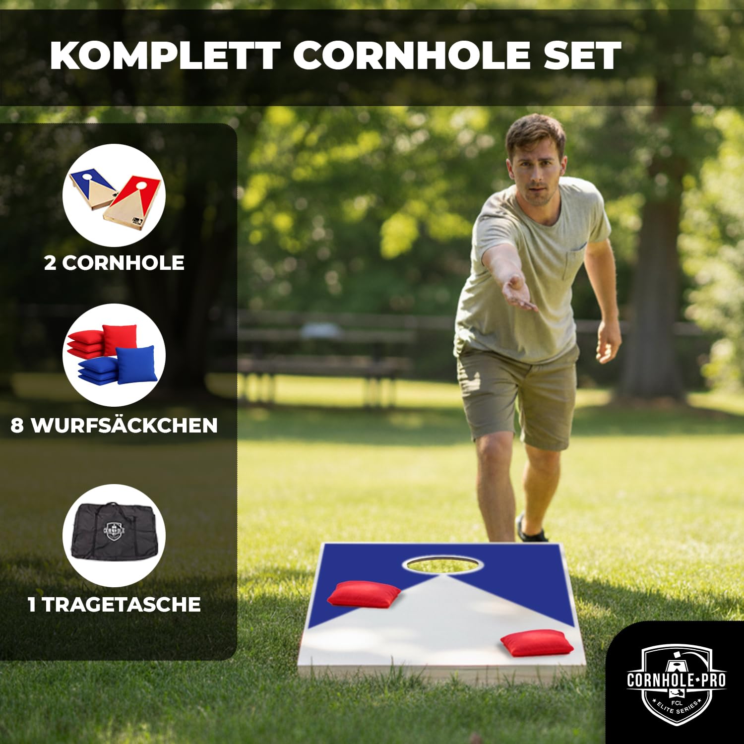 Cornhole Toss – Leicht & Faltbar aus Stoff 90×60 cm – Set mit 2 Boards + 8 Säcken + Tragetasche – Wurfspiel für draußen, Garten, Events – Original Corner
