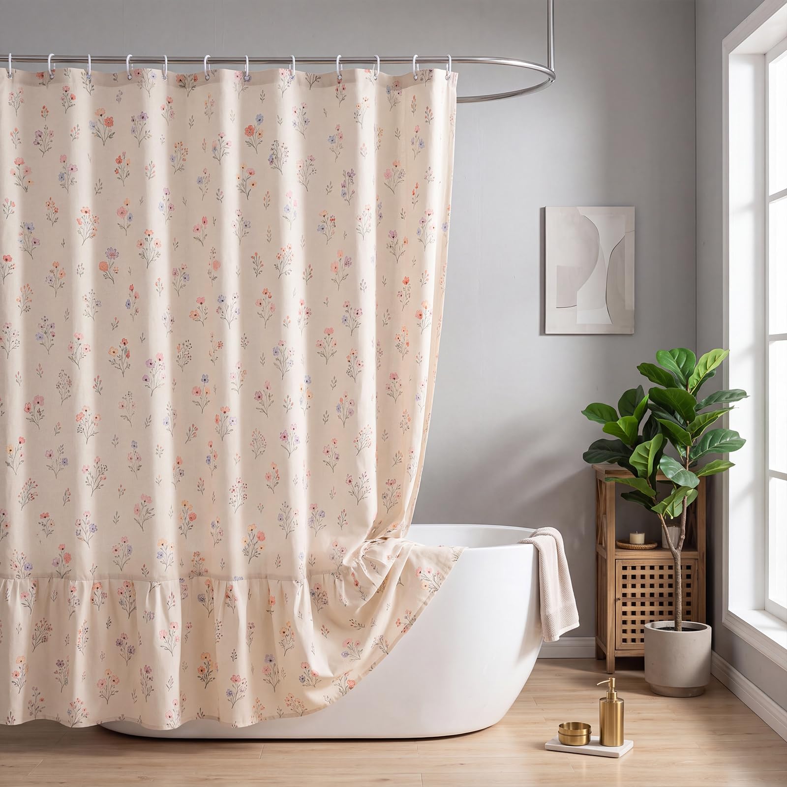Photo 1 of Boao Ruffle Linen Texture Floral Shower Curtain