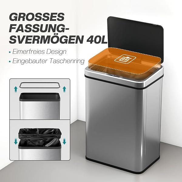 HOMCOM Sensor Mülleimer 40L Edelstahl Automatischer Mülleimer mit Soft-Close-Deckel Bewegungssensor fingerabdrucksicherer Abfalleimer Müllbehälter Abfallbehälter für Büro Schlafzimmer Küchen Silber - 4